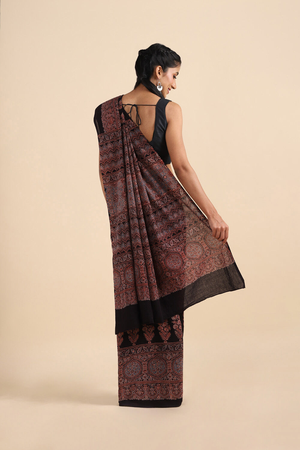Black Pure Cotton Ajrakh Printed Saree image number null