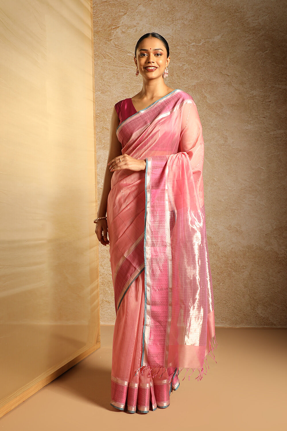 Pink Pure Silk Cotton Woven Maheshwari Saree image number null