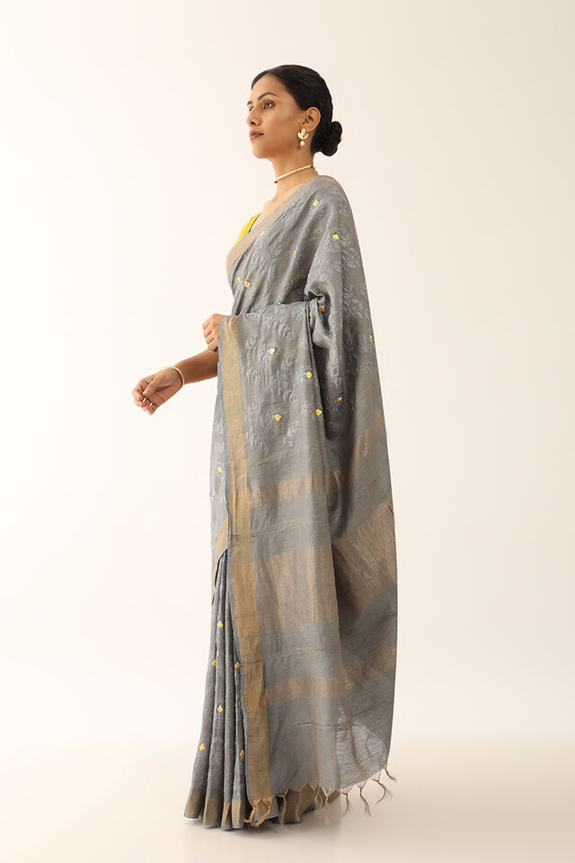 Grey Bhagalpur Pure Silk Tissue Embroidered Saree
