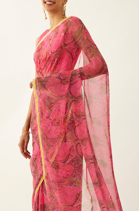 Pink Viscose Chiffon Printed Saree
