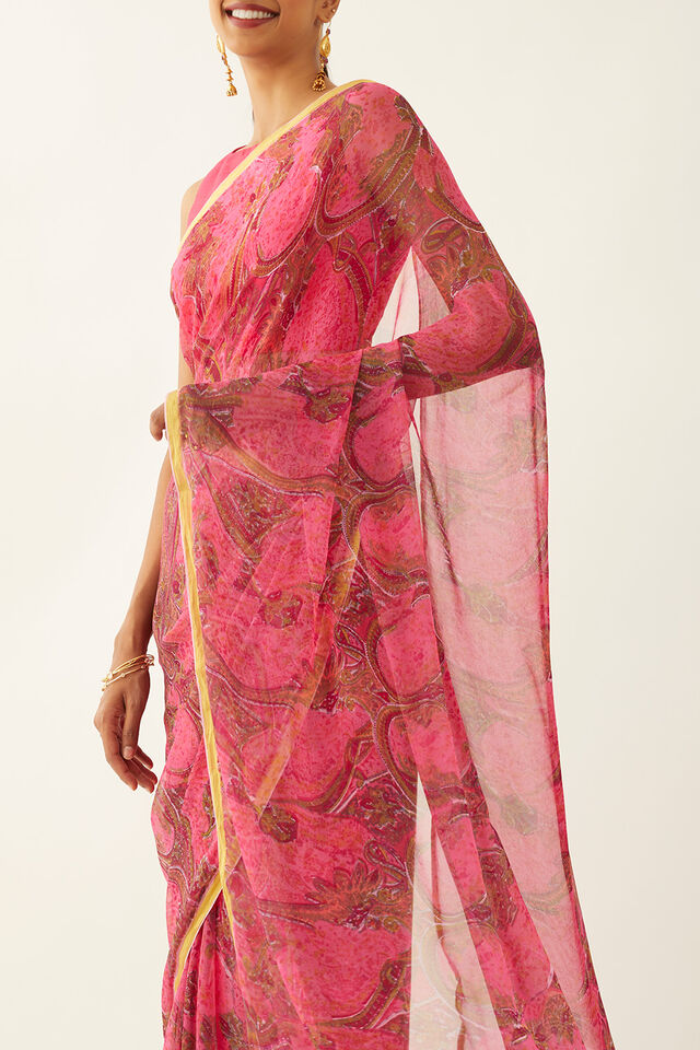 Pink Viscose Chiffon Printed Saree