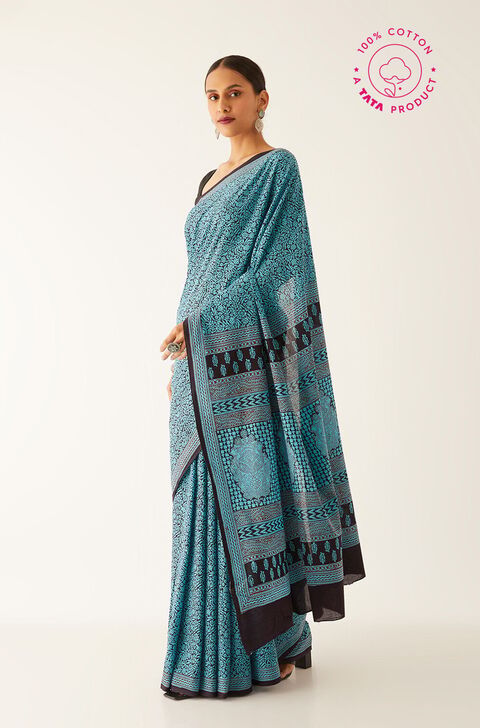 Light Blue Pure Cotton Bagh Printed Saree