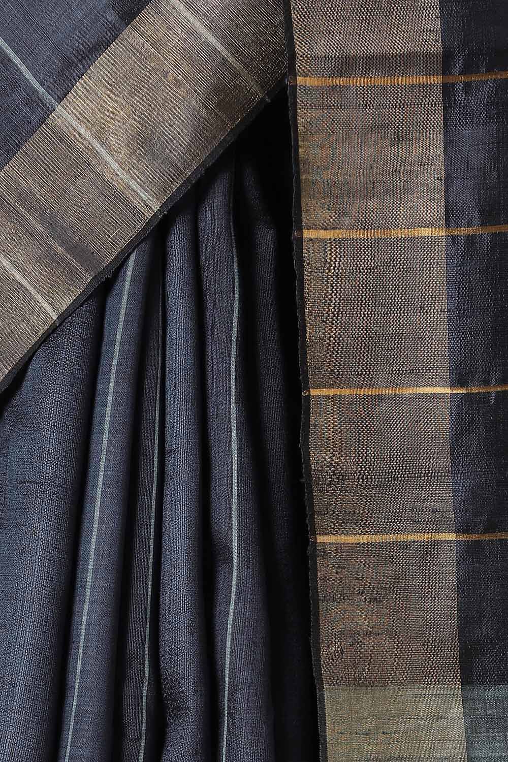 Dark Blue Pure Tussar Silk Bhagalpuri Saree image number null