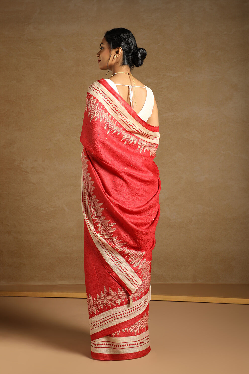 Red Pure Tussar Silk Block Printed Saree image number null