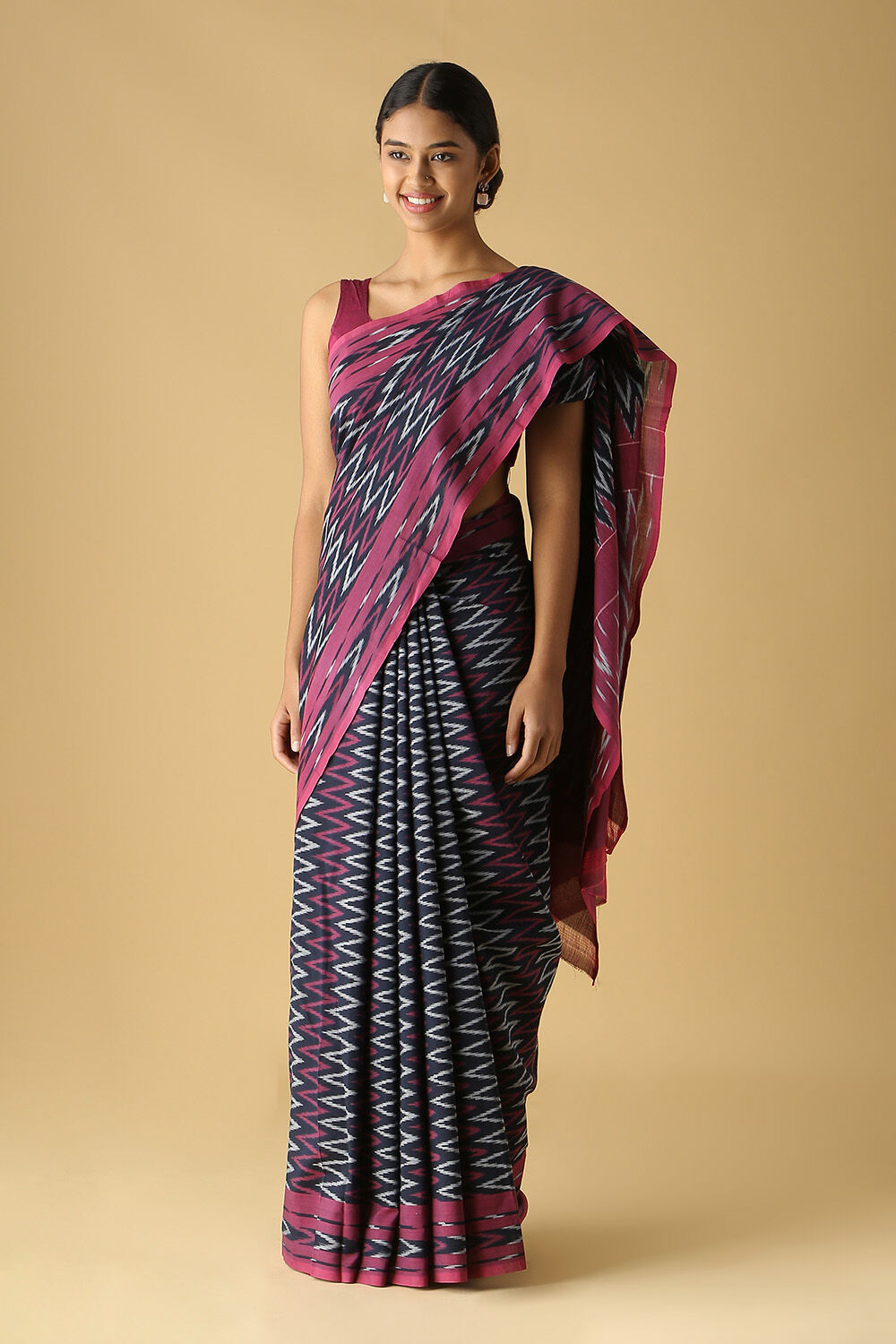 Dark Blue Cotton Pochampalli Ikat Saree image number null