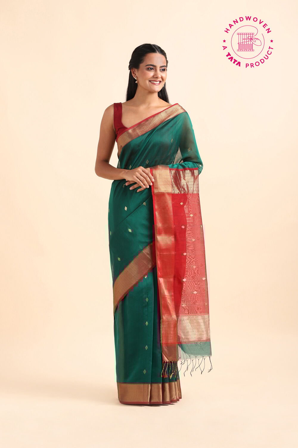 Dark Green Pure Silk Cotton Maheswari Saree image number null