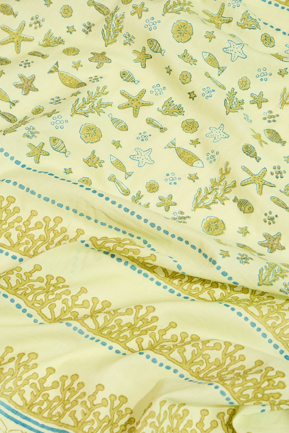 Light Green Pure Cotton Mulmul Block Printed Bengal Saree image number null