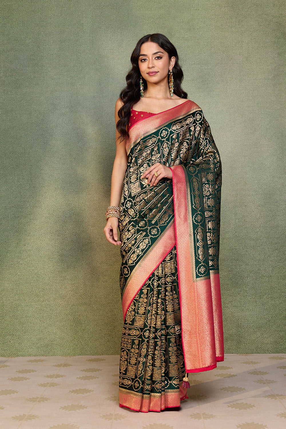 Green Woven Viscose Satin Saree image number null