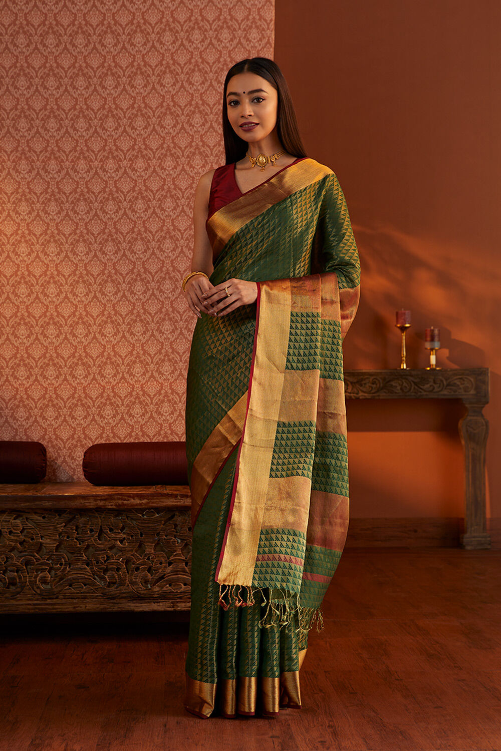 Green Brocade Silk Maheshwari Saree image number null