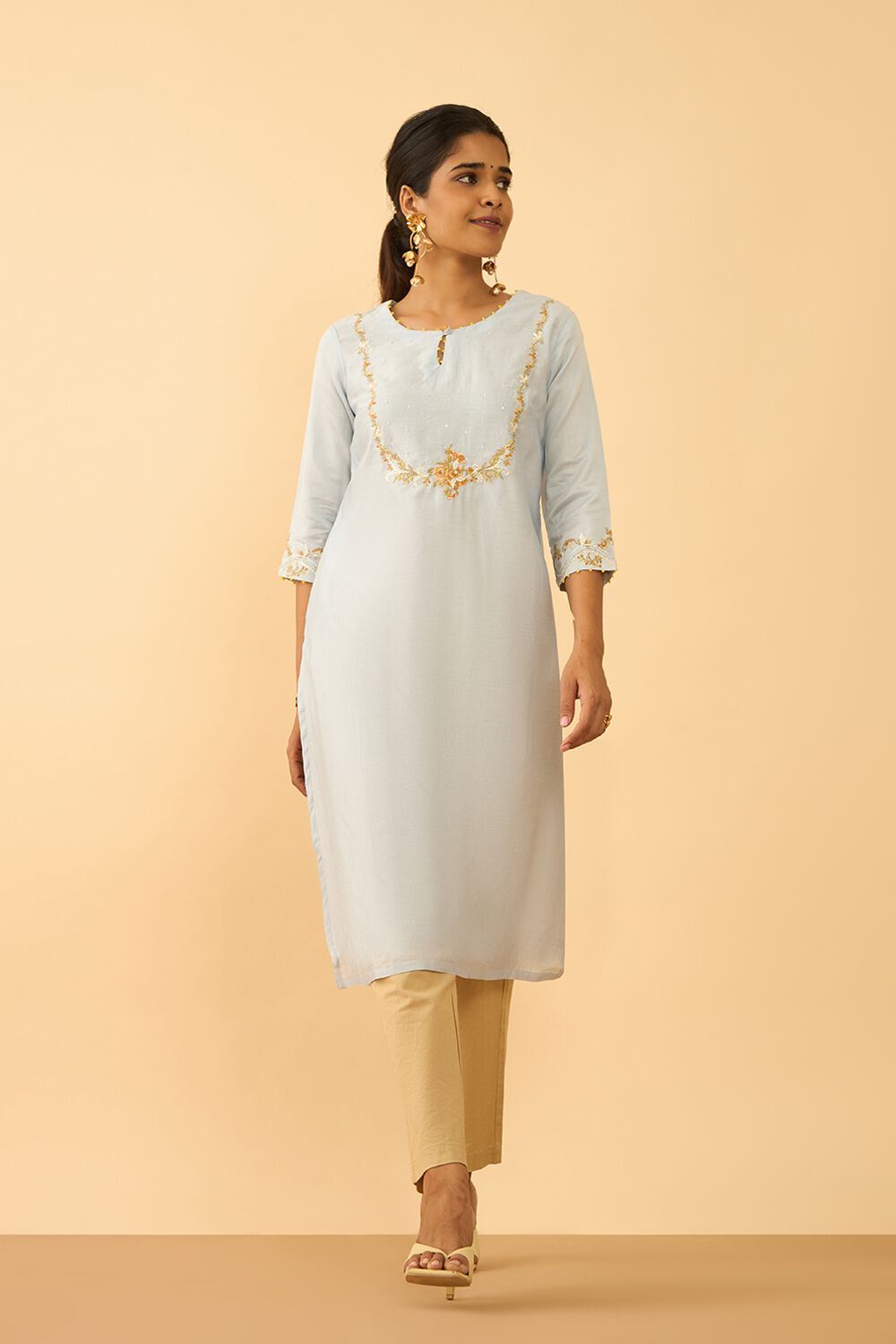 Light Blue Pure Silk Cotton Embroidered Kurta image number null
