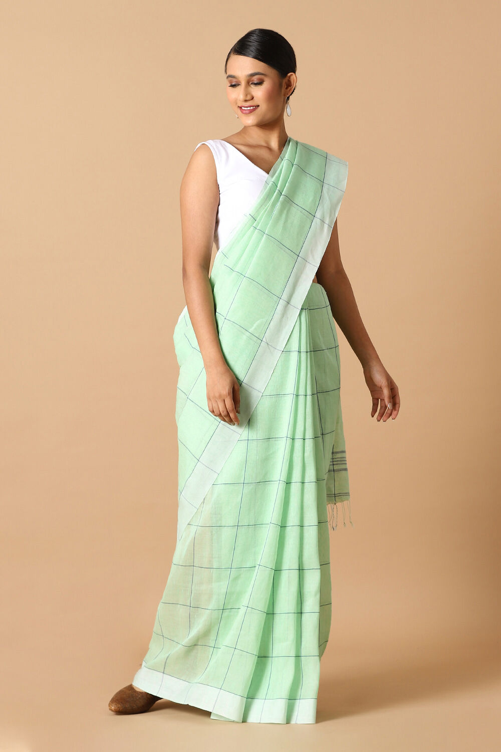 Green Pure Cotton Linen Bengal Saree image number null
