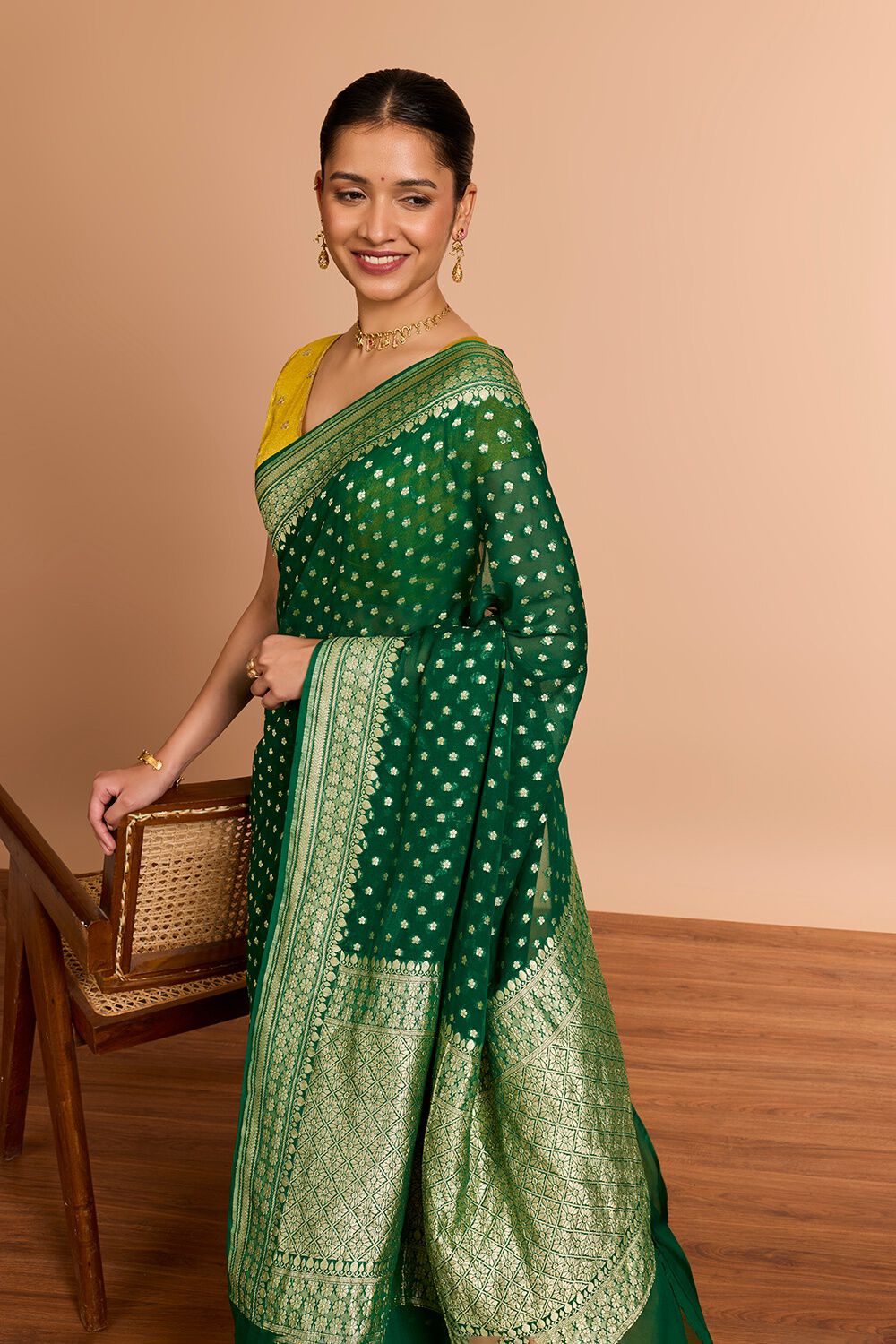 Dark Green Pure Silk Georgette Cutwork Banaras Saree image number null