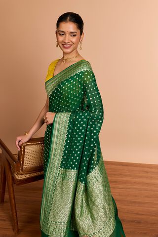 Dark Green Pure Silk Georgette Cutwork Banaras Saree image number