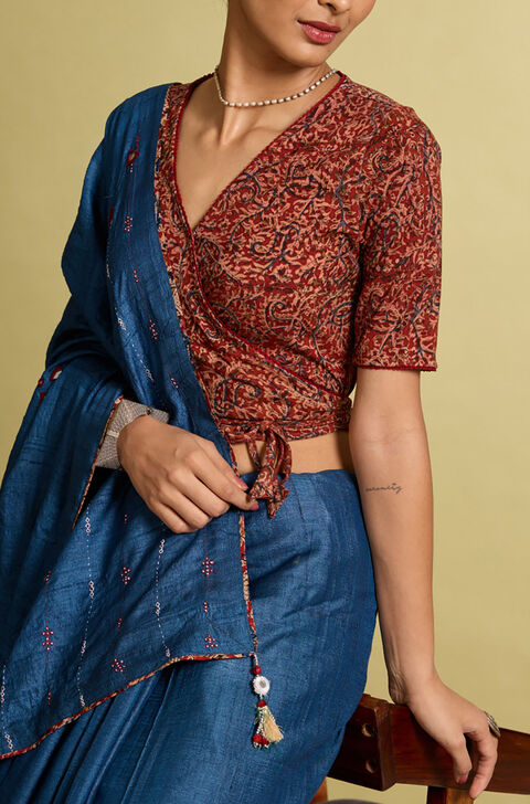 Dark Red Printed Kalamkari Cotton Knit Blouse
