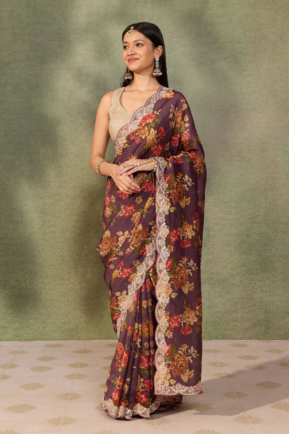 Purple Pure Viscose Printed Embroidered Saree image number null