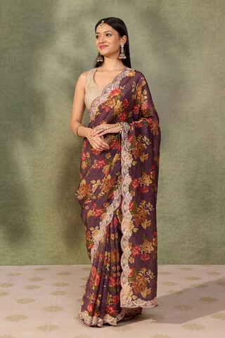 Purple Pure Viscose Printed Embroidered Saree thumbnail image number null