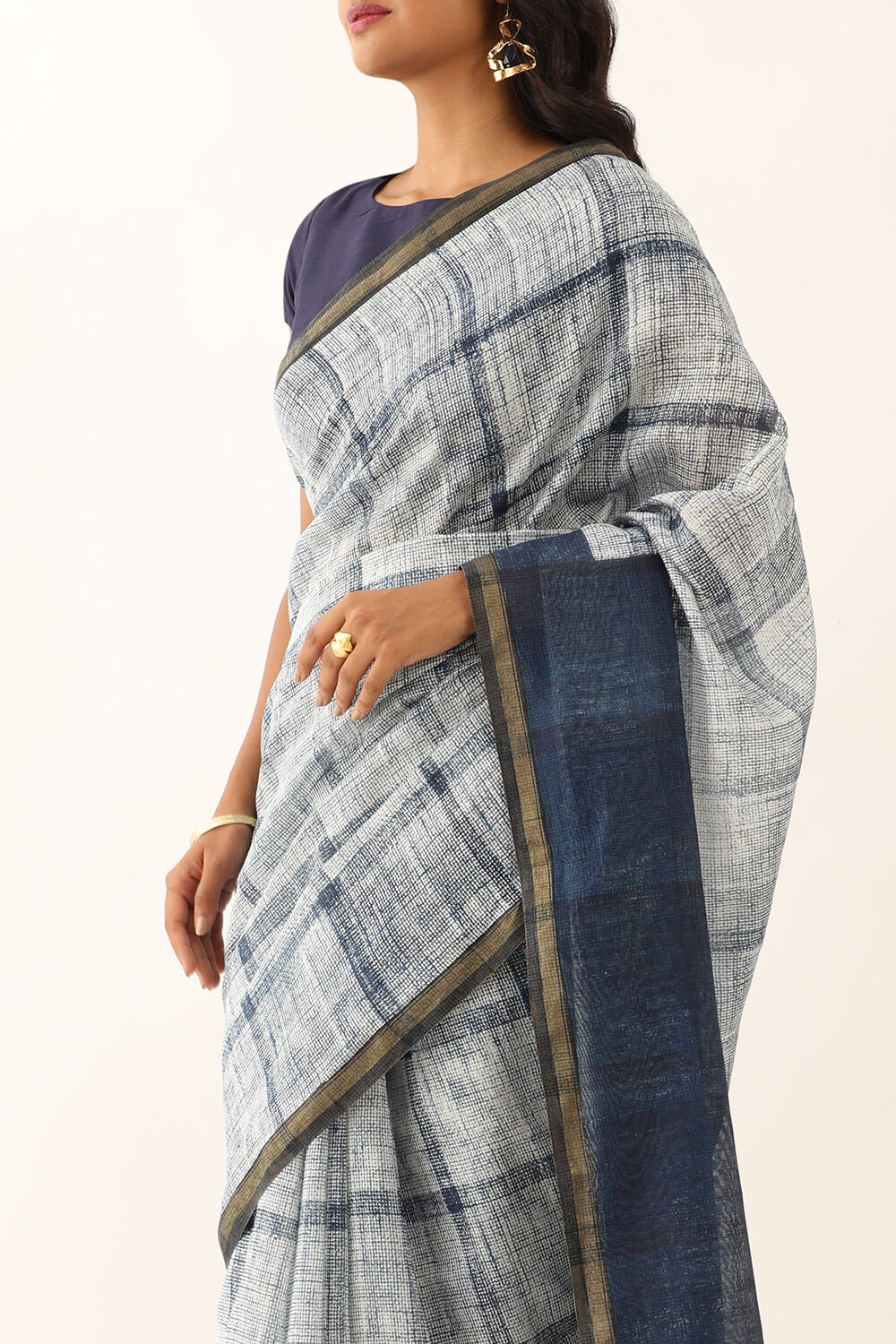 Light Blue Pure Silk Cotton Block Printed Saree image number null