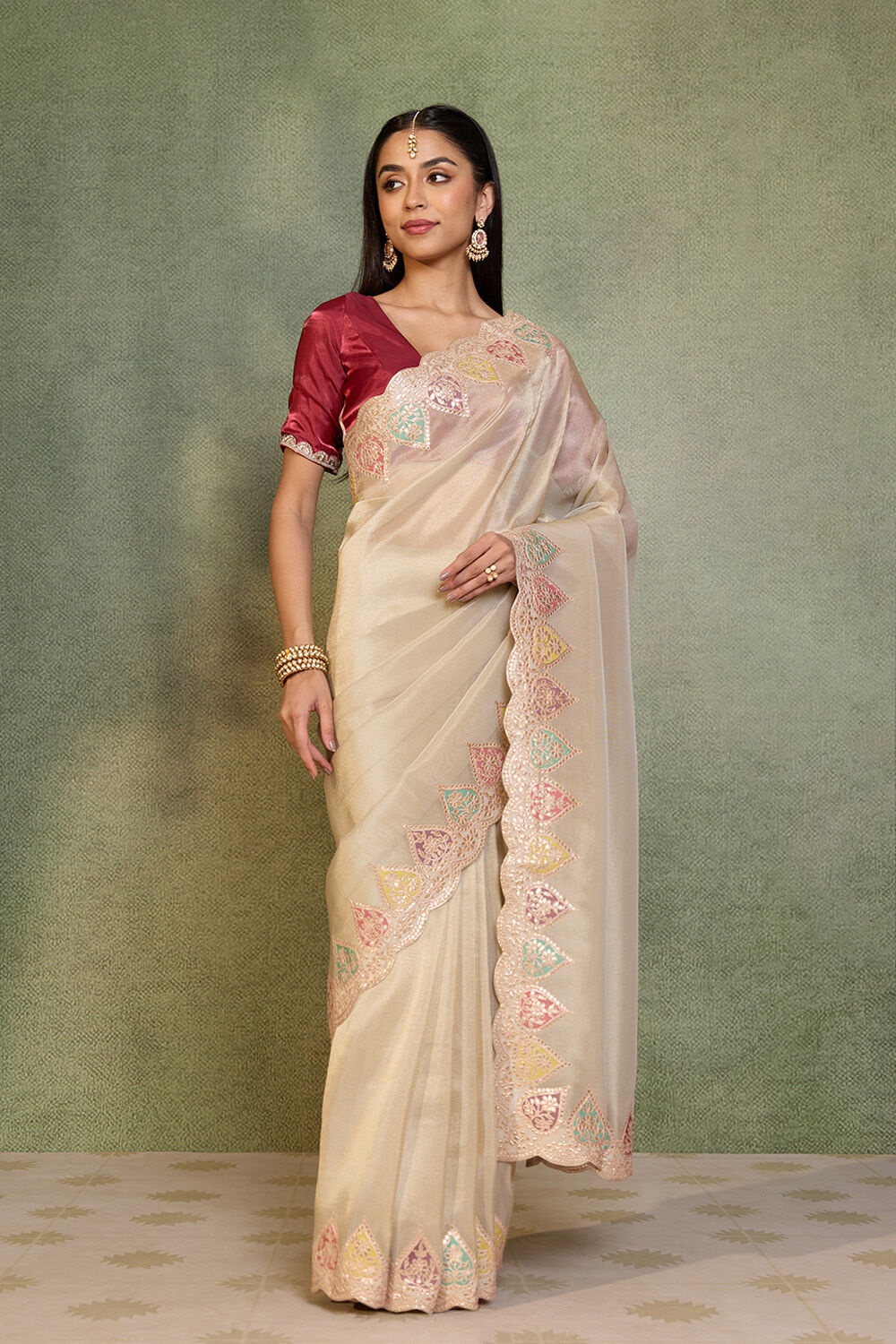 Off White Gota Patti Emroidery Viscose Tissue Saree image number null