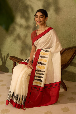 Off White Block Printed Pure Silk Linen Saree image number