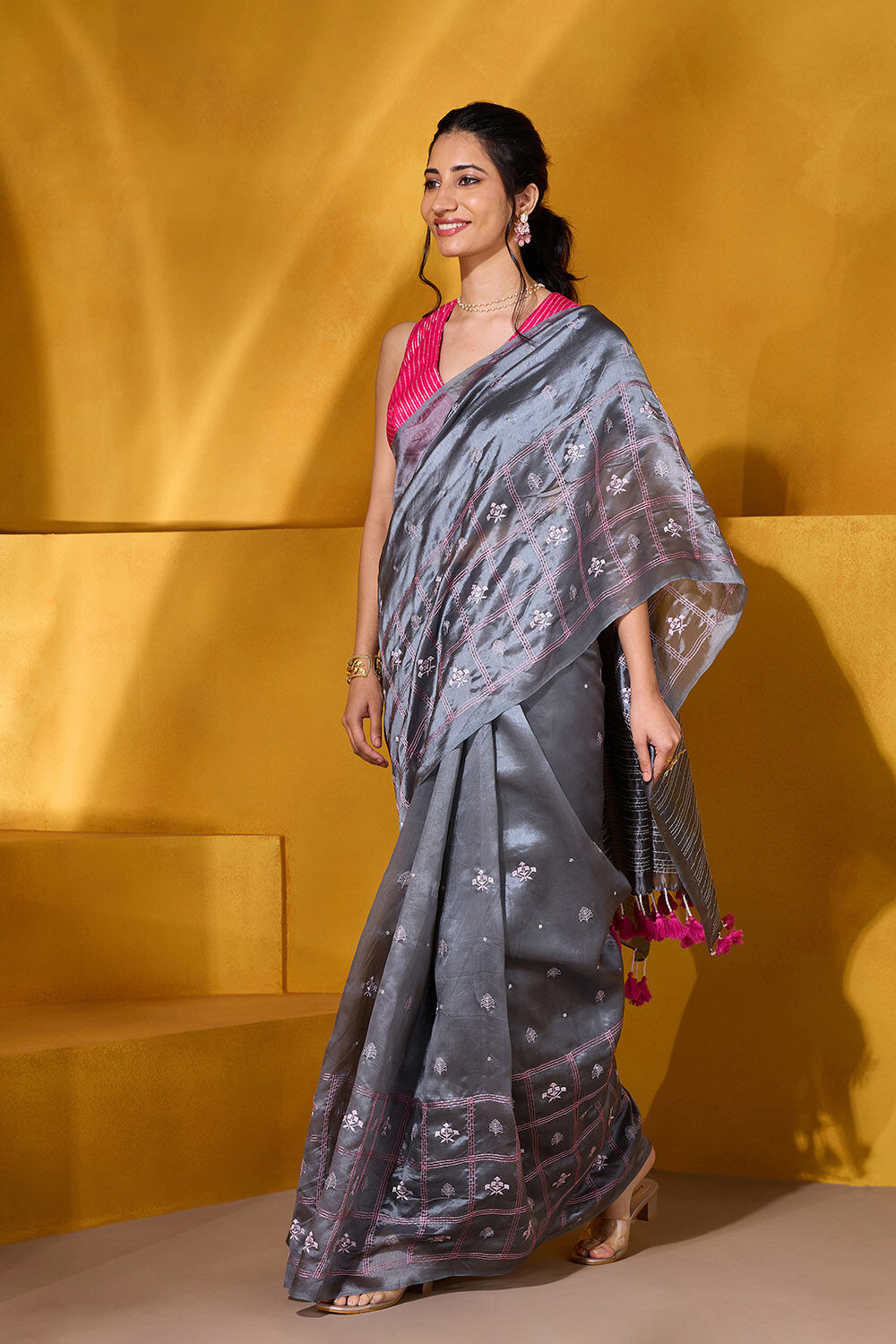 Grey Embroidered Silk Tencel Saree image number null