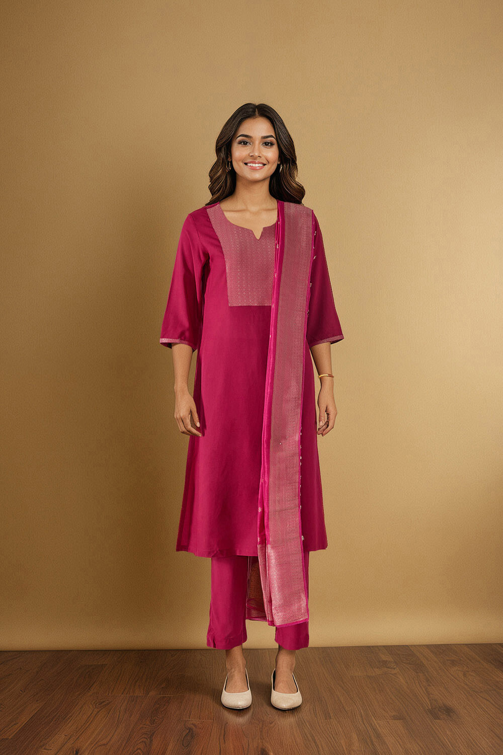 Dark Pink Pure Viscose Brocade Kurta Set image number null