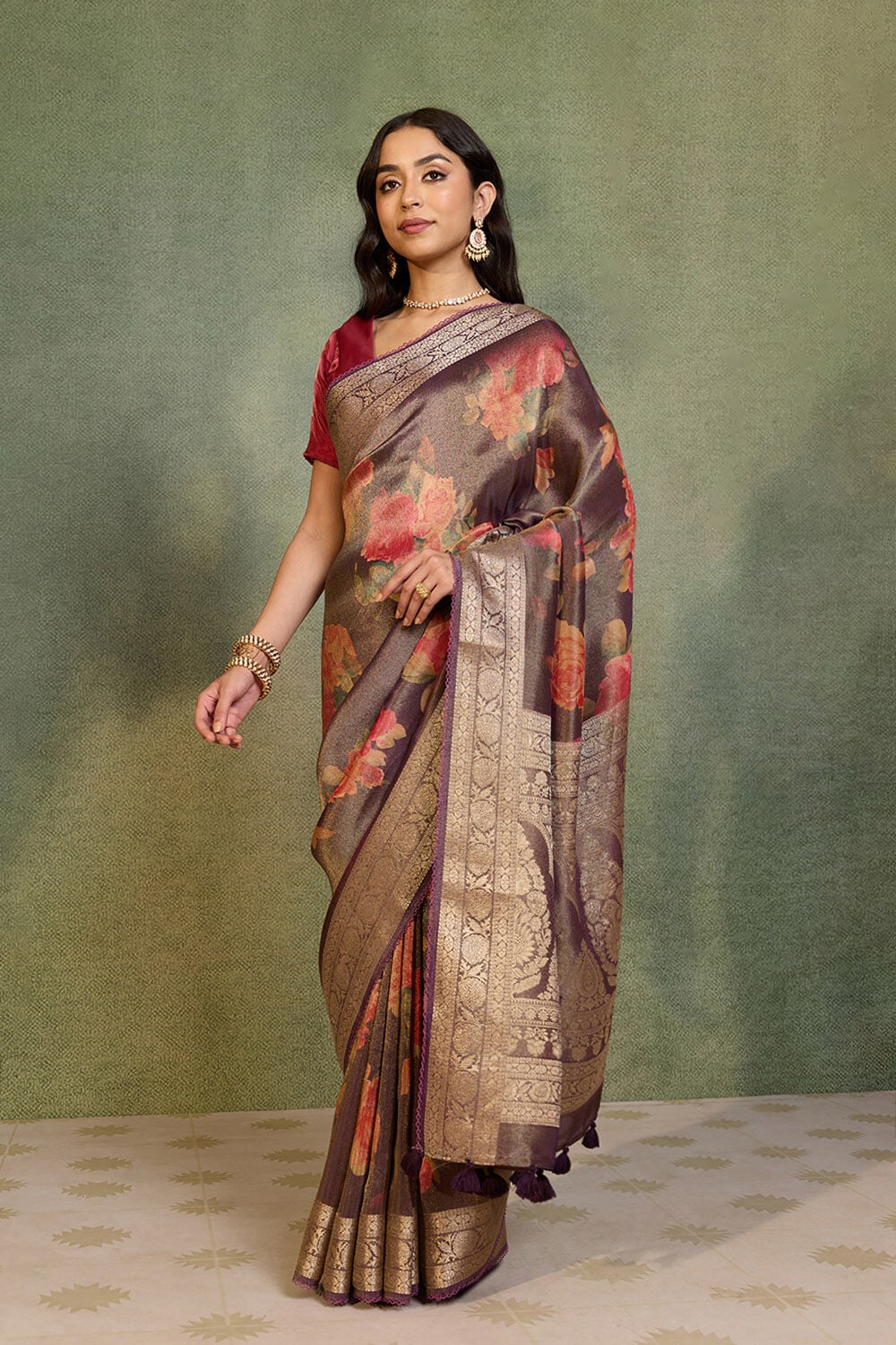Purple Printed Viscose Tissue Saree image number null