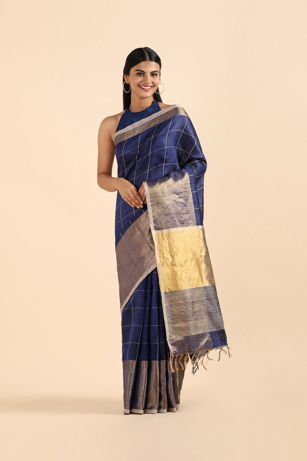 Dark Blue Pure Tussar Silk Bhagalpuri Saree image number null