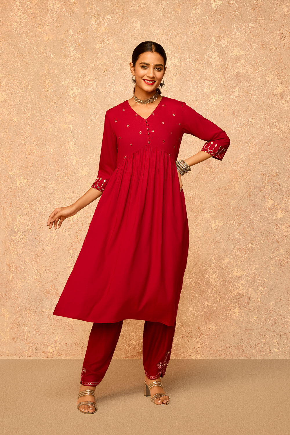Dark Pink Embroidered Viscose Kurta image number null