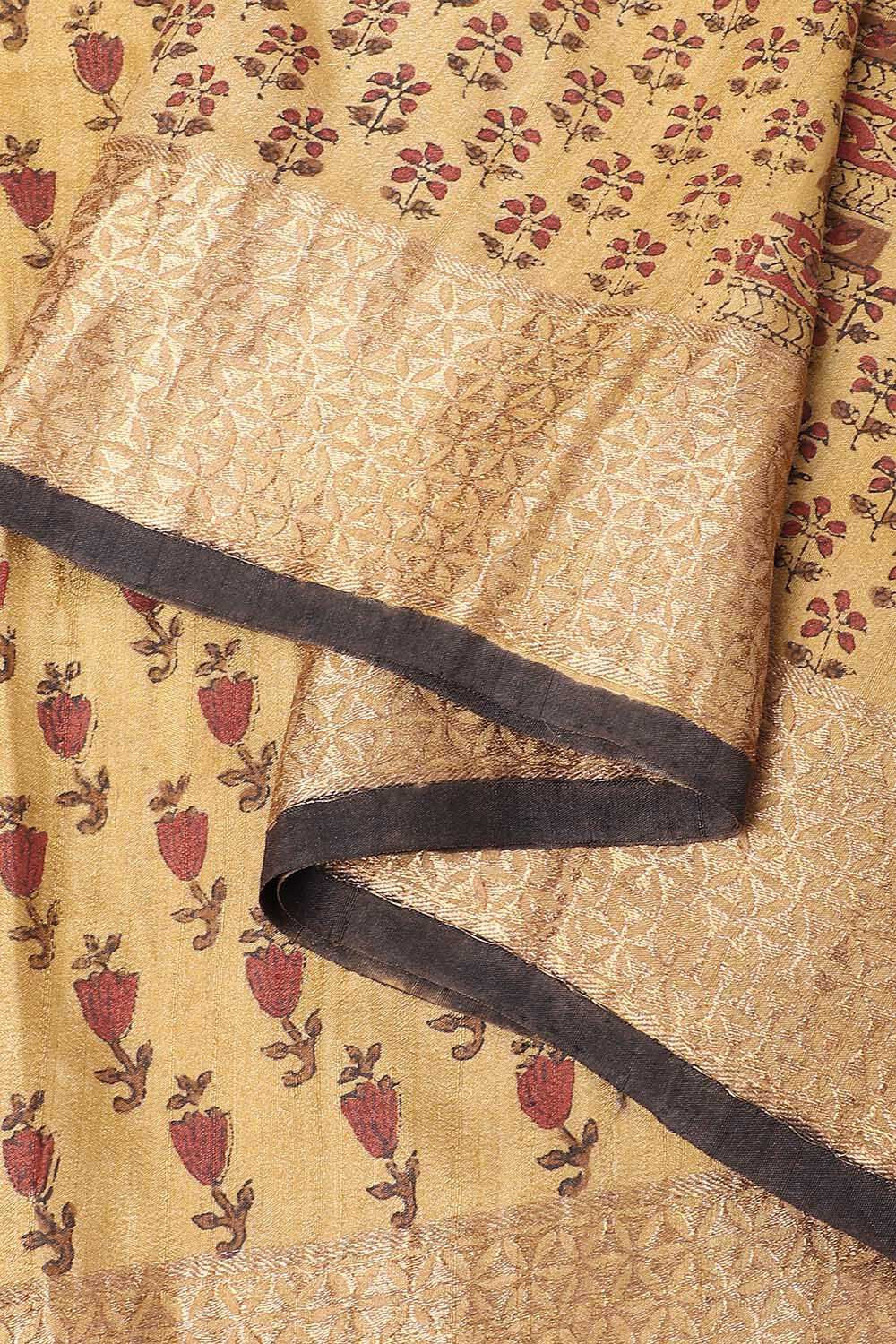 Beige Pure Silk Tussar Bagru Print and Zardosi Embroidered Saree image number null