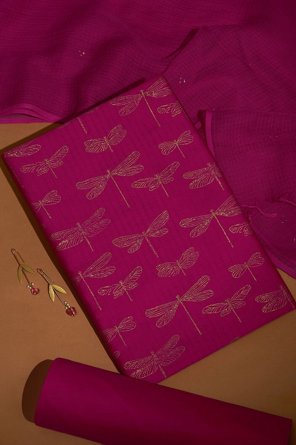 Dark Pink Block Printed Pure Silk Cotton Unstitched Suit Set image number null