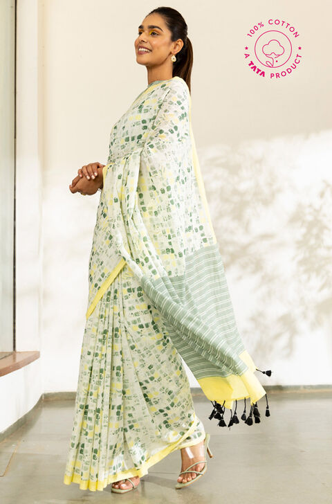 Off White Pure Cotton Printed Saree
