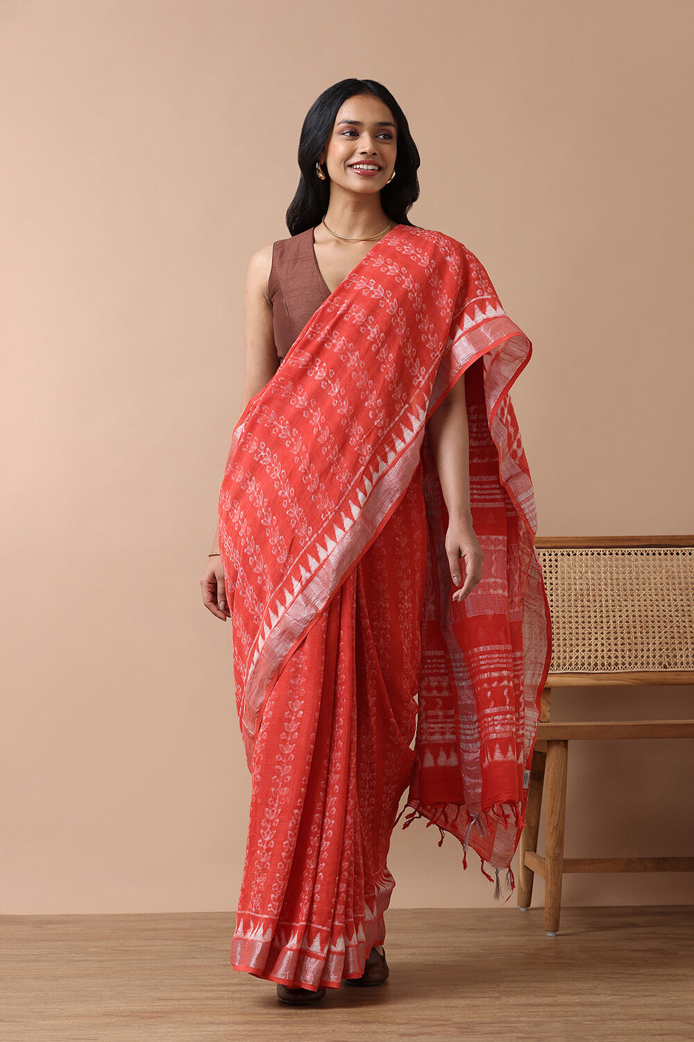 Light Red Cotton Viscose Rajasthan Block Printed Saree image number null