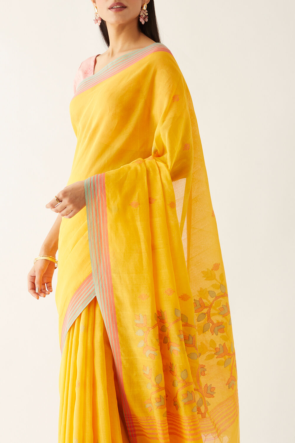 Yellow Pure Cotton Bengal Saree image number null