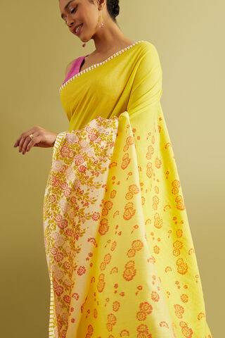 Yellow Block Printed Viscose Luxe Saree thumbnail image number null