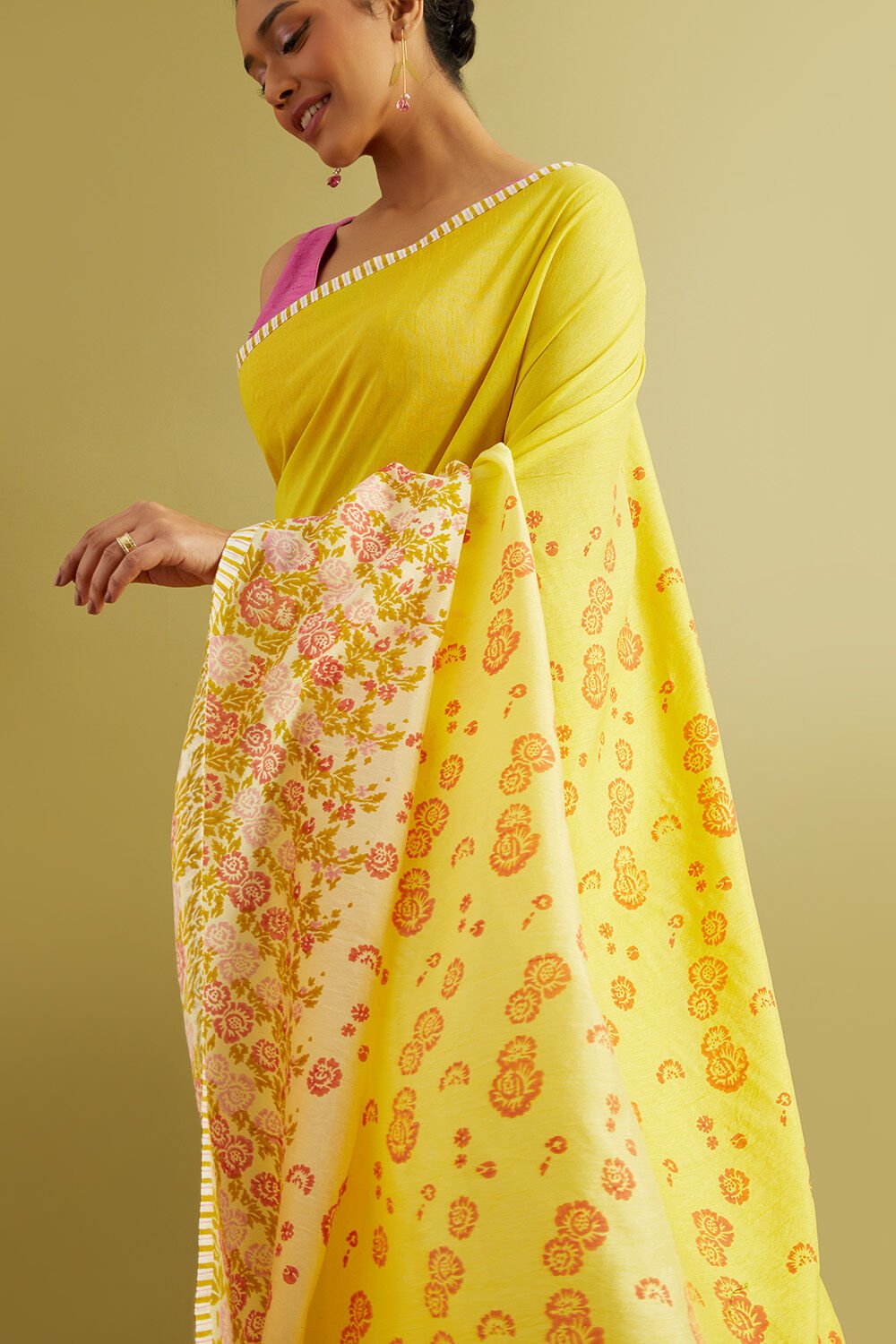 Yellow Block Printed Viscose Luxe Saree image number null