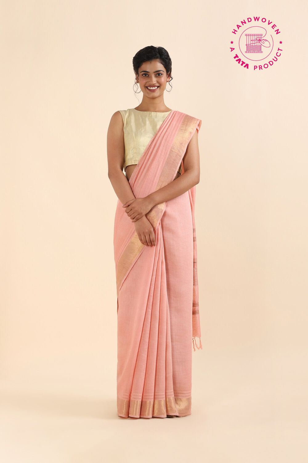 Light Pink Pure Silk Linen Bhagalpuri Saree image number null