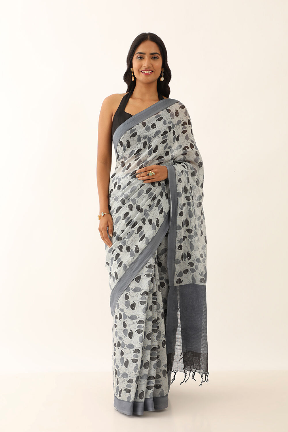 Off White Pure Linen Printed Saree image number null