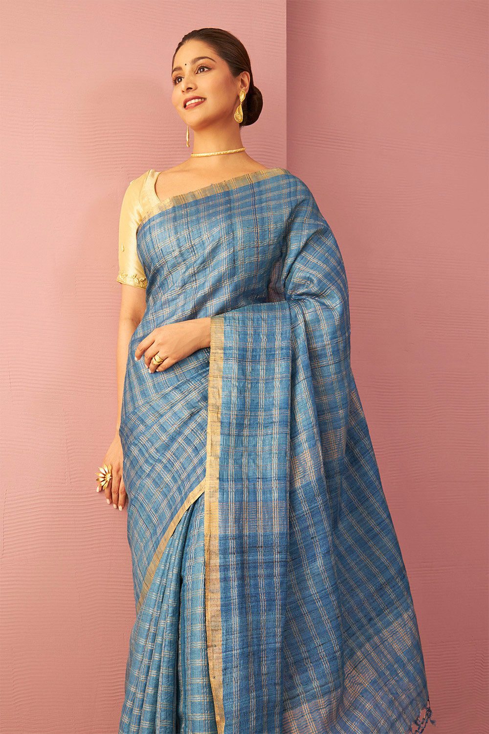 Blue Pure Tussar Silk Embroidered Saree image number null