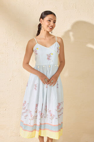 Off White Pure Cotton Printed Sanganeri Dress thumbnail image number null