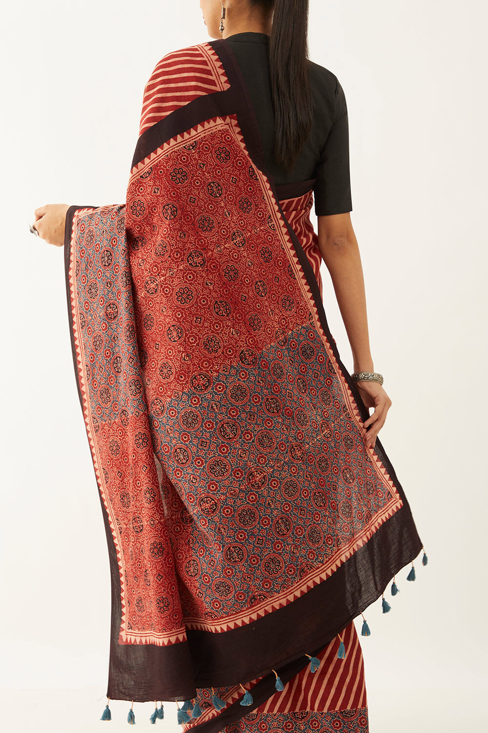 Red Pure Cotton Ajrakh Block Print Saree image number null