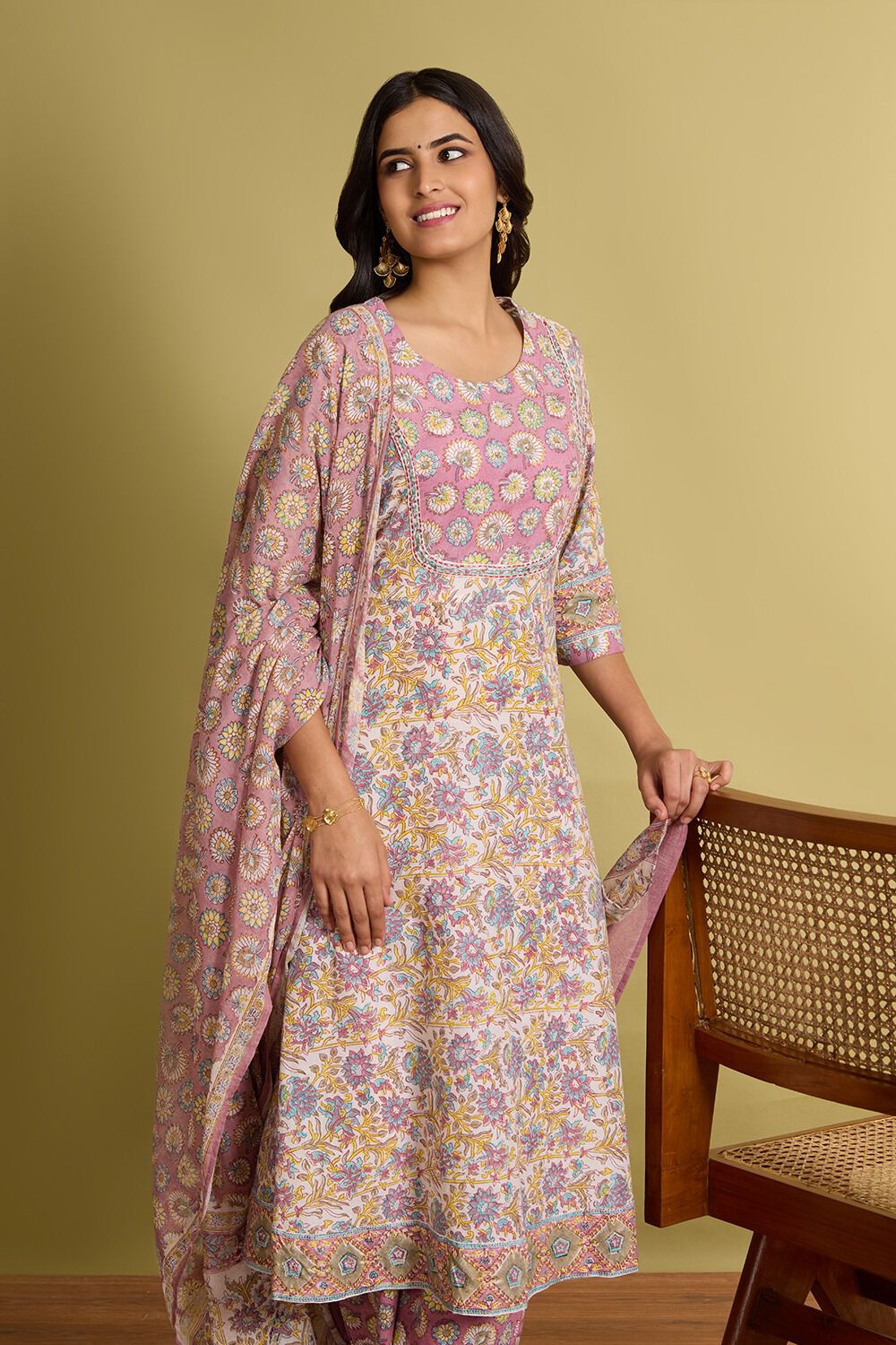 Yellow Pure Cotton Printed Sanganeri Kurta Set image number null