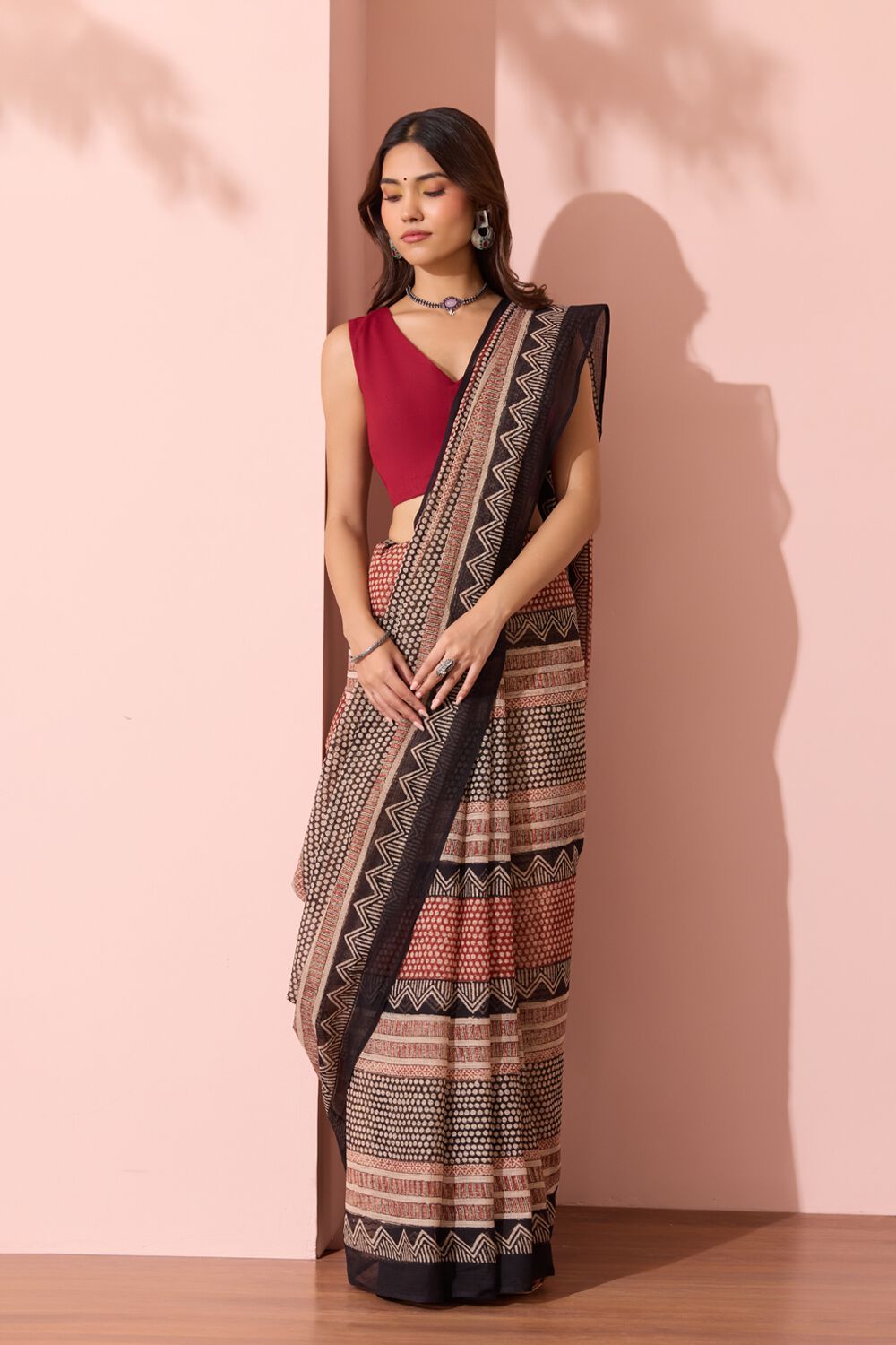 Red Bagru Block Printed Pure Cotton Kota Saree image number null