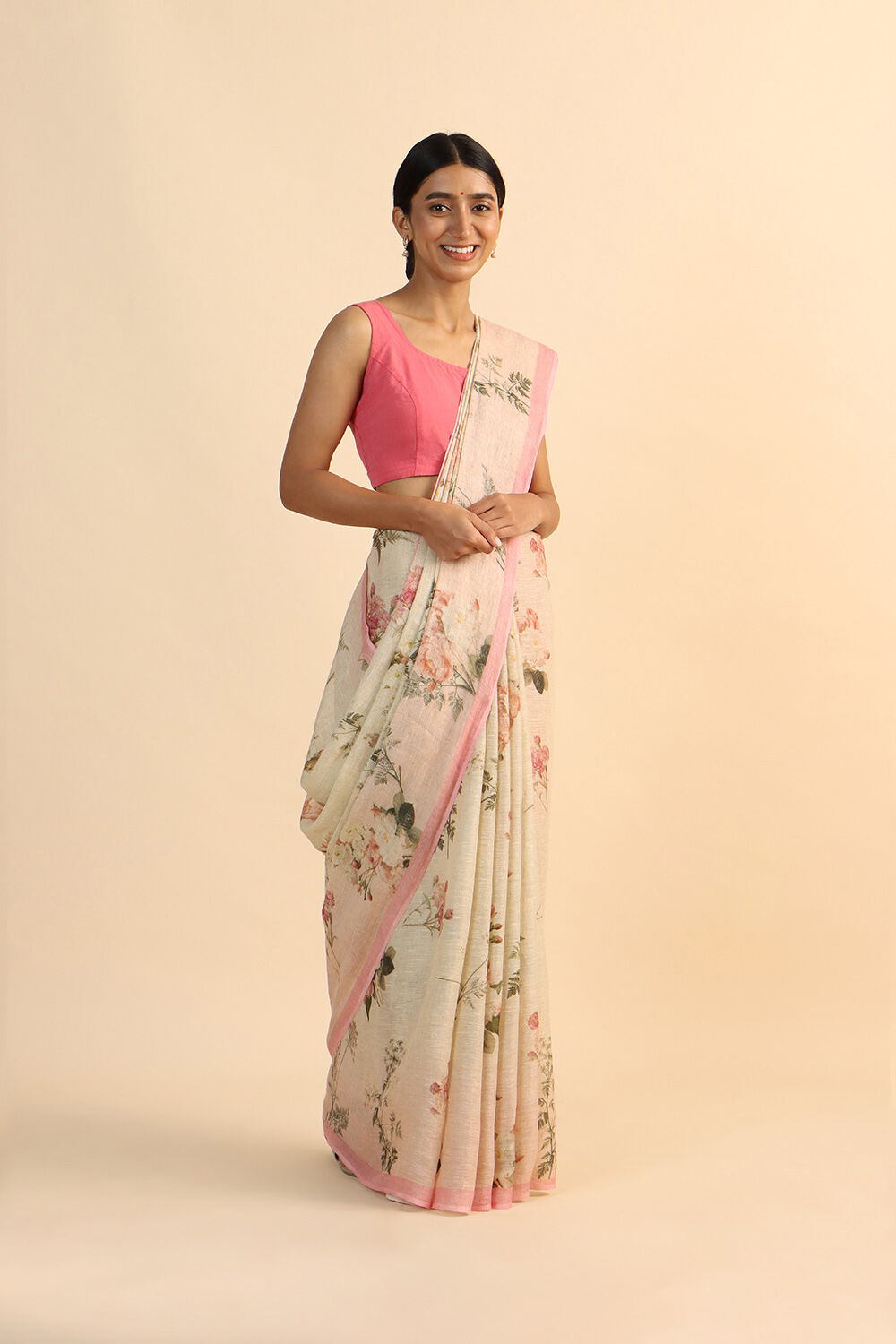 Light Pink Pure Linen Digital Printed Saree image number null