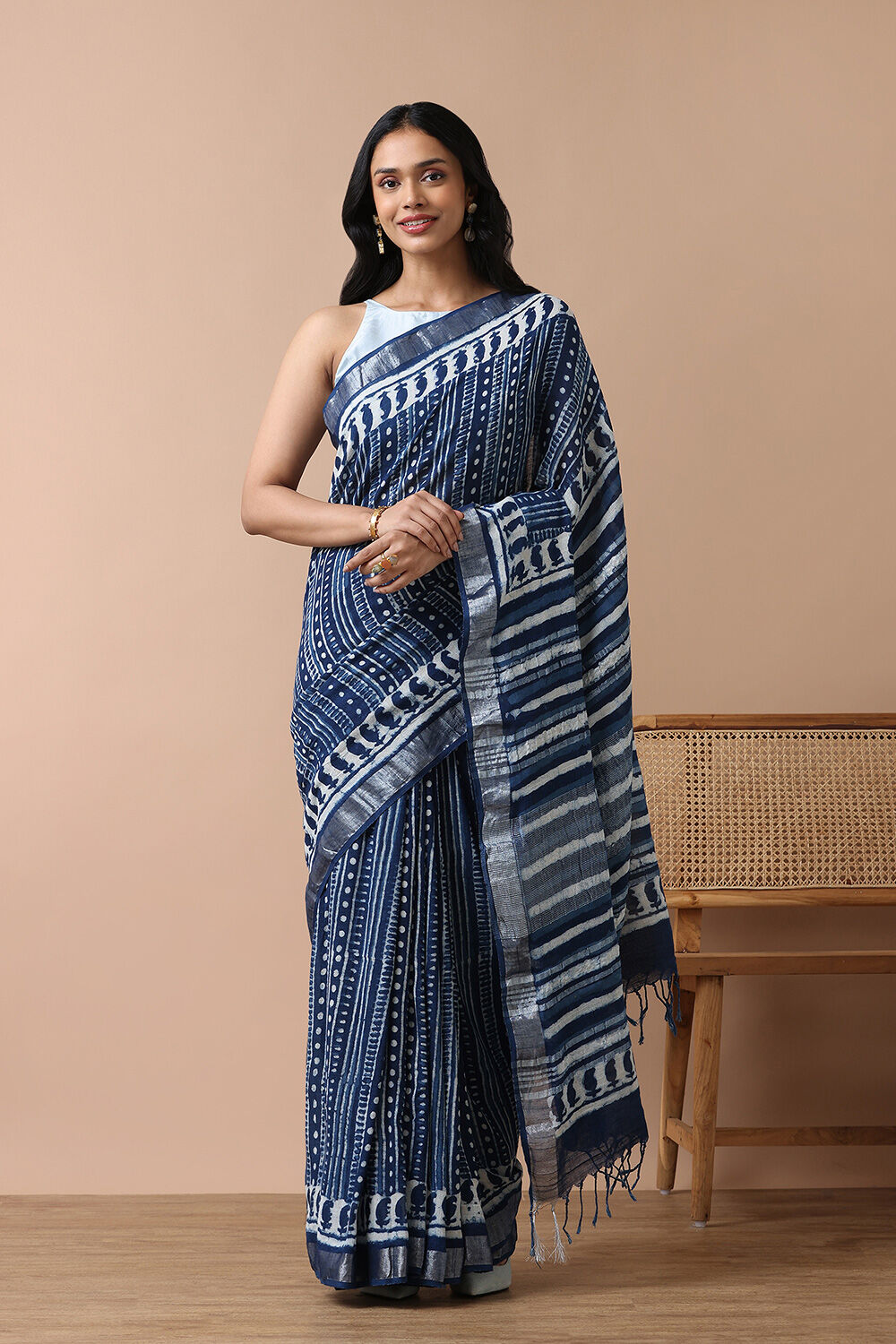 Blue Cotton Viscose Rajasthan Block Printed Saree image number null