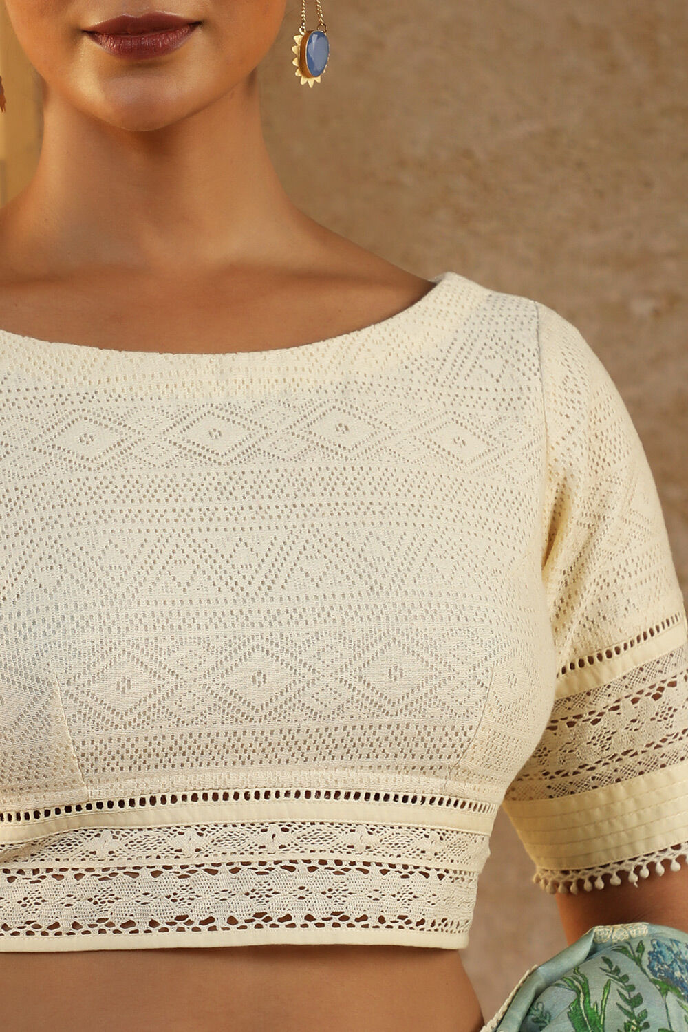 Off White Pure Cotton Embroidery Schiffli Blouse image number null