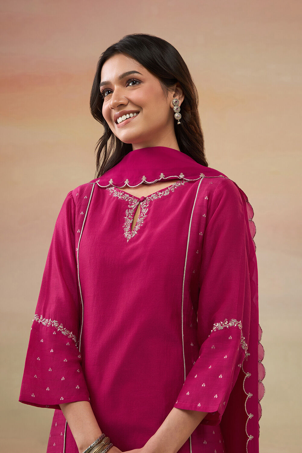 Dark Pink Pure Silk Cotton Embroidered Kurta Set image number null