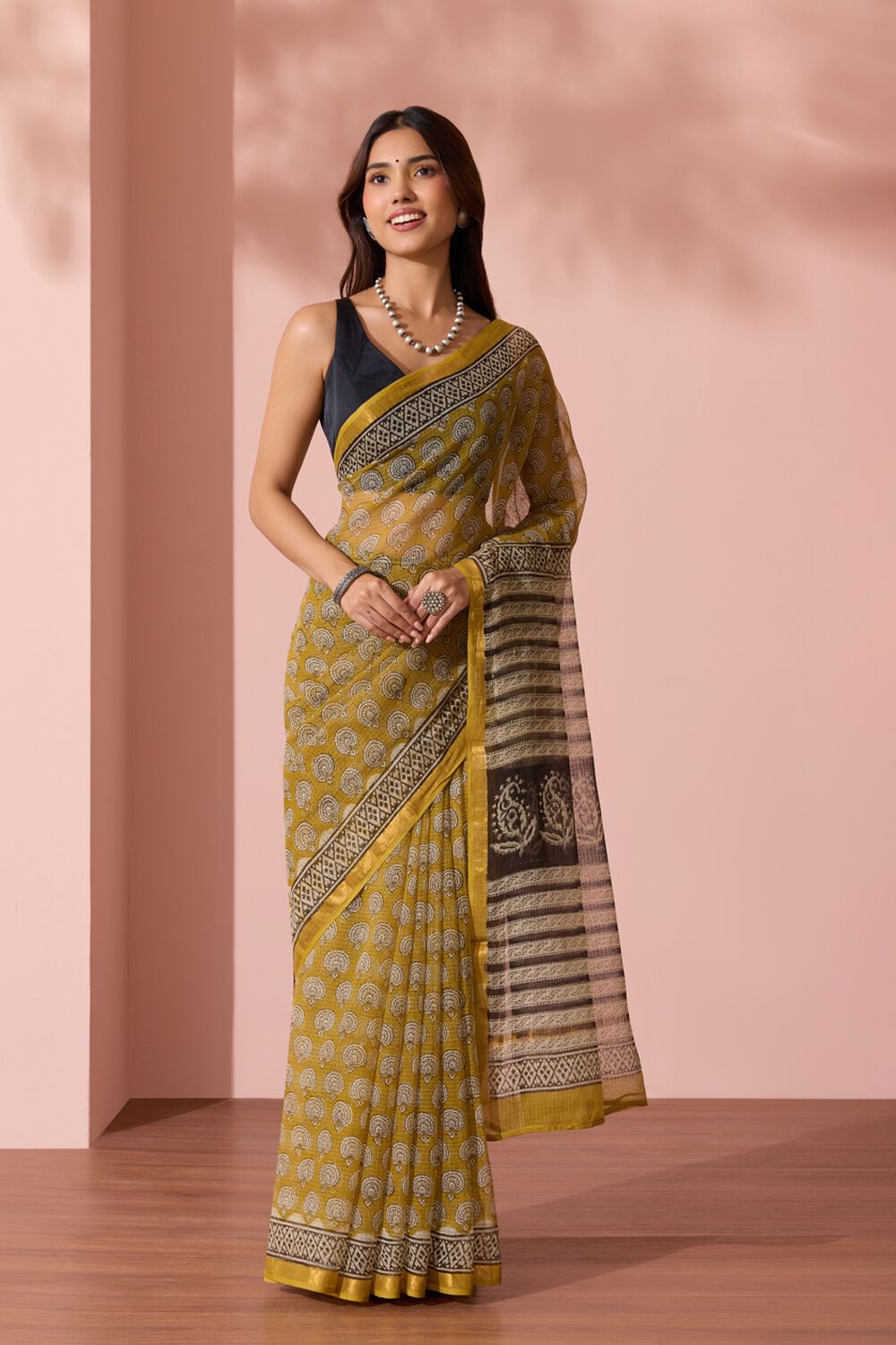 Yellow Rajasthan Bagru Block Printed Pure Cotton Kota Saree image number null