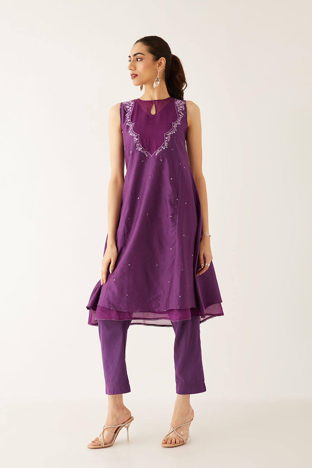Violet Silk Cotton Embroidered Kurta Set image number null