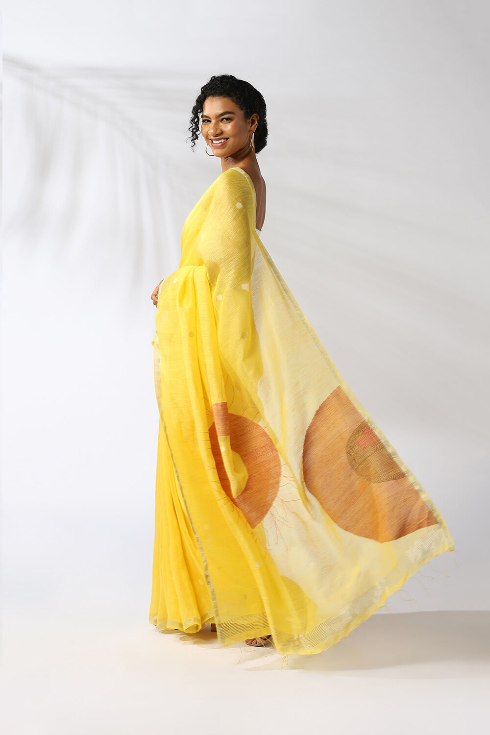 Yellow Pure Silk Linen Shibori Saree image number null