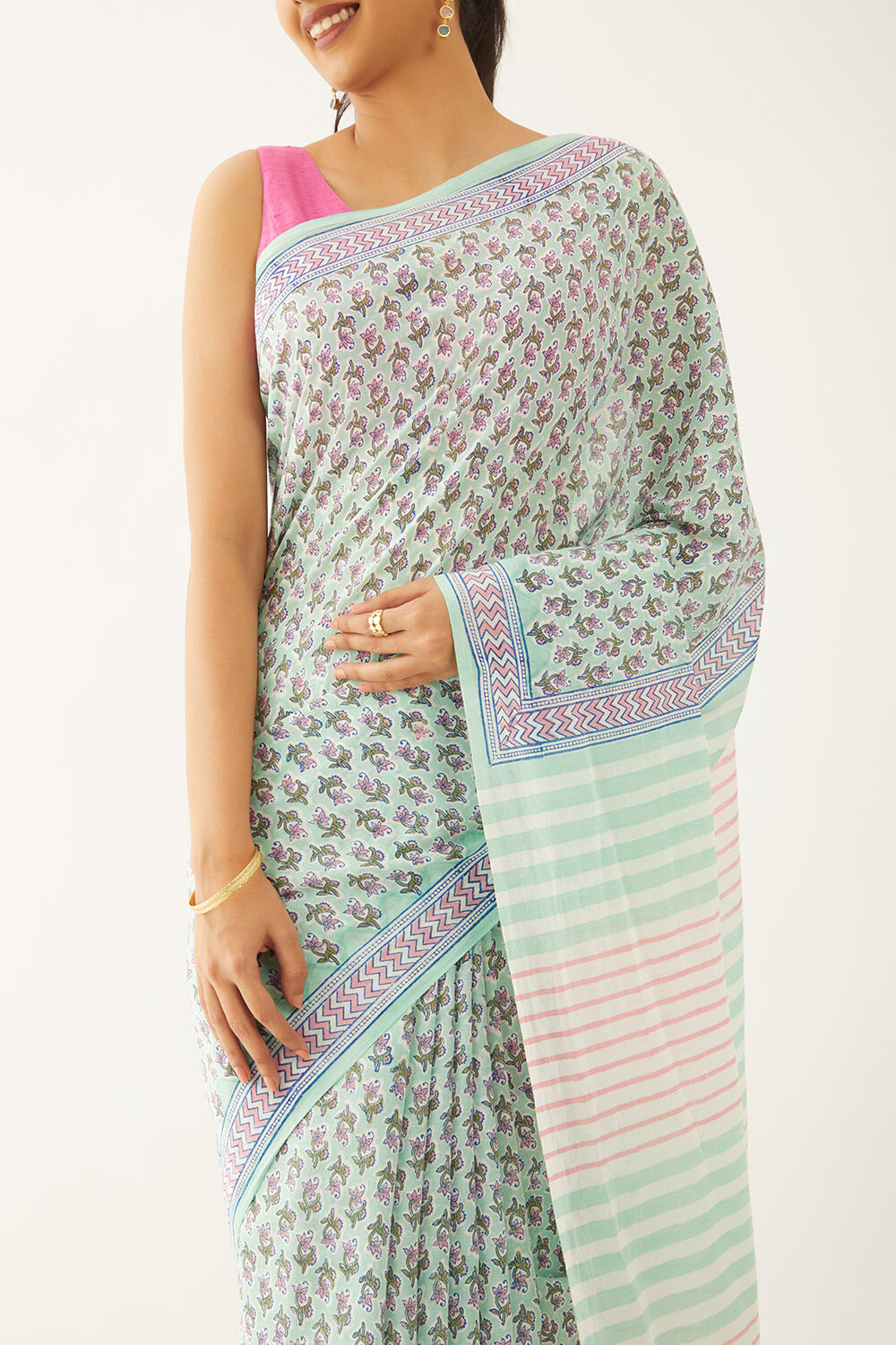 Light Green Pure Cotton Block Print Saree image number null